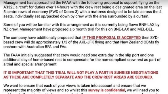An excerpt from the email sent by the Flight Attendants Association of Australia to members in March.