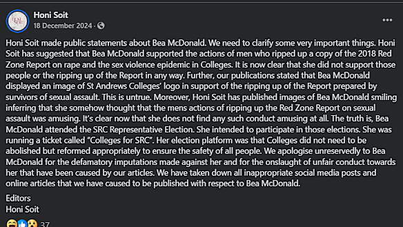An extensive apology posted by student newspaper Honi Soit following legal letters from Bearte McDonald.