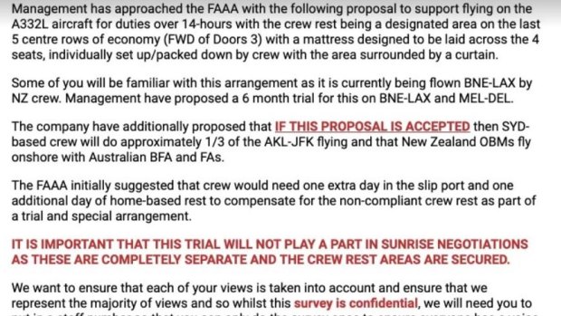 An excerpt from the email sent by the Flight Attendants Association of Australia to members in March.