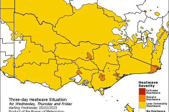 Bureau of Meteorology image of forecast heatwave conditions across Victoria on February 15.