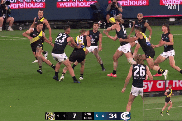 The bump in question: Tom Lynch’s clash with Tom De Koning.