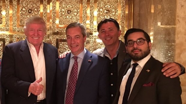 Raheem Kassam, right, in the company of US President Donald Trump and Nigel Farage.