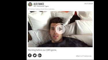 Richmond Tigers player Alex Rance in one of the videos he made for the 20Four app. 