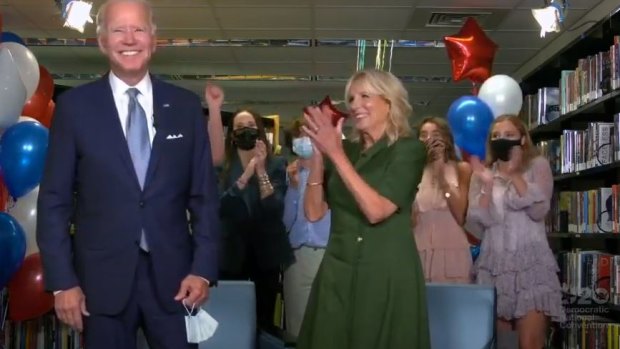 Joe Biden and wife Jill celebrate officially receiving the Democratic Party's nomination.