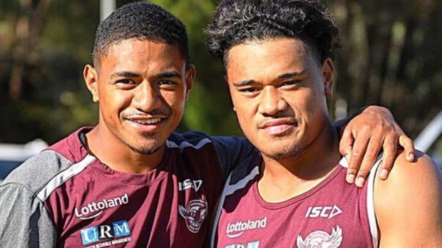 Denied: The NRL won't allow Manly to blood Manase Fainu, here with Moses Suli, while they have Hastings on their books. .