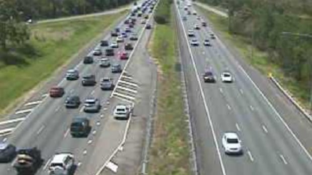 The view from a north-facing traffic camera on the Bruce Highway at Burpengary about 1.30pm on Monday.