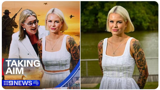 Image of Georgie Purcell used on Nine News (left), and a similar image from the same photo shoot (right).