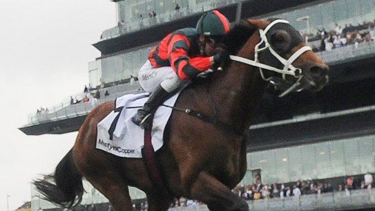 Stunning: The Autumn Sun, right, grabs Fundamentalist on the line to win the Randwick Guineas.
