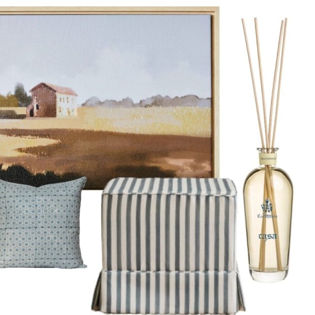 “Asami Mist” linen cushions; ottomon; Tuscan Farmhouse; “Mediterraneo” diffuser.