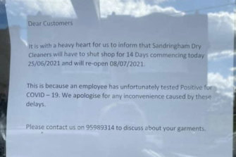 Facebook photo showing notice in window at Sandringham Dry Cleaners, closed due to staff member testing positive to COVID-19.