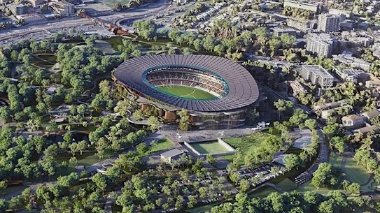 An artist’s impression of the main stadium for the 2032 Olympic and Paralympic Games, to be built at Victoria Park in Brisbane’s inner north.
