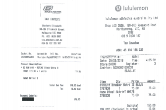 Receipts from Skechers and Lululemon.