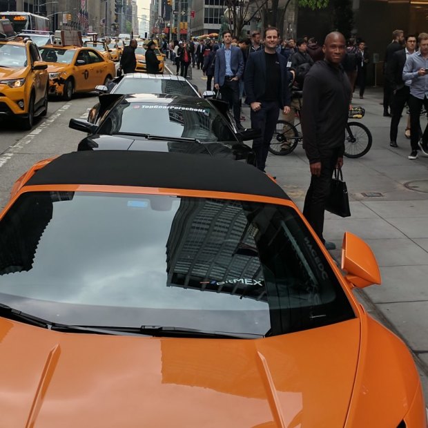 Images taken from Greg Dwyer’s social media feeds of Lamborghinis lined up at a bitcoin conference in Manhattan. 