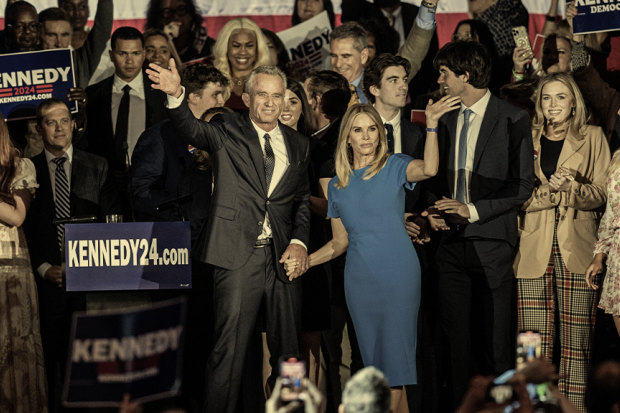 RFK Jr with wife Cheryl Hines after announcing his candidacy for president in April 2023.