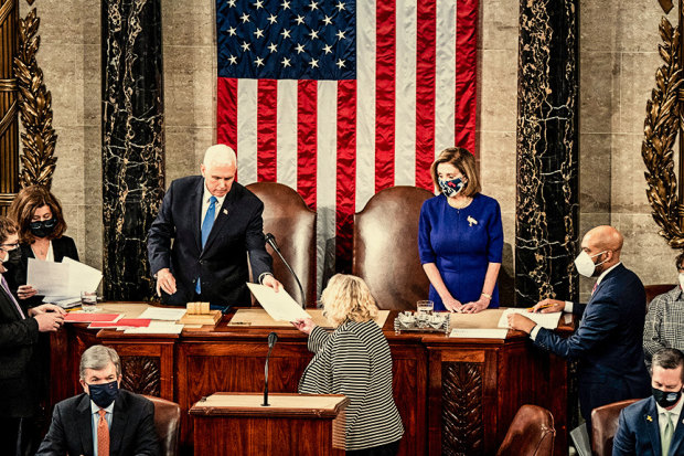Vice president Mike Pence, who had been whisked away from the Capitol, later returned and with House speaker Nancy Pelosi presided over Congress to certify Joe Biden’s election.