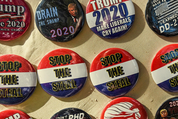 Badges for sale outside the Conservative Political Action Conference in Orlando, Florida in February 2021.