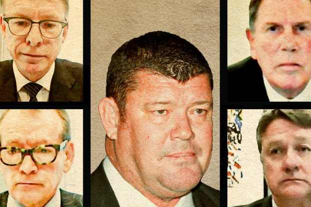 The question of James Packer's influence has long hung over Crown. James Packer (centre), with (clockwise from top left) Ken Barton, Guy Jalland, Michael Johnston, and John Alexander. 