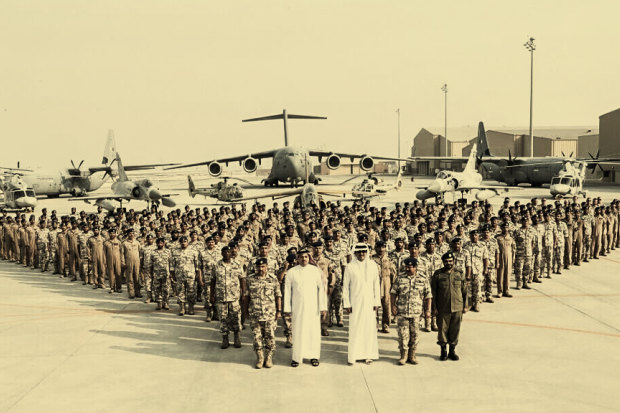 Qatari leaders with soldiers during a visit to Al Udeid Air Base in Doha in 2017.