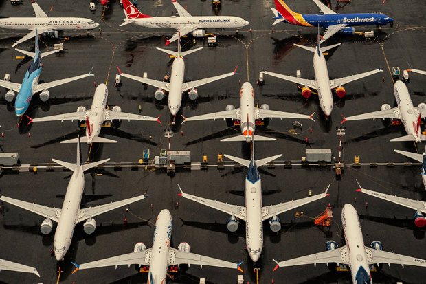 Boeing 737 Max planes parked in Seattle in 2020 after 20 months of grounding following two deadly crashes.