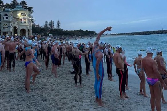 Competitors at the start line at Cottesloe Beach on Saturday morning. 