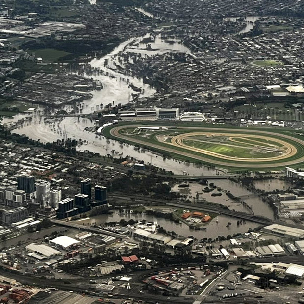 The Flemington racecourse floodwall kept the track in perfect condition on October 14. In the background is the flooded suburb of Maribyrnong.