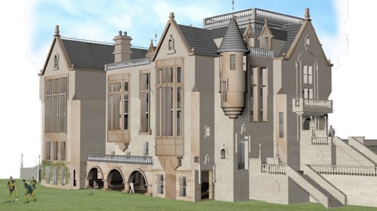 The library would include turrets, a castle-like tower, grand hall and rooftop terrace with views towards Sydney Harbour.