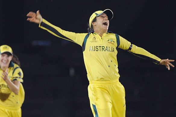 Lisa Sthalekar celebrates the fall of the last West Indies wicket.