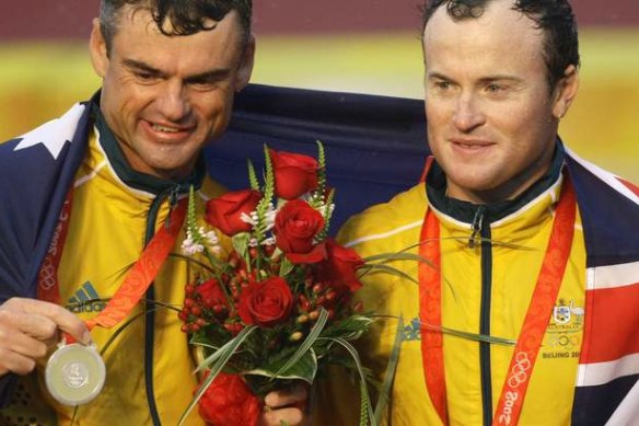 Darren Bundock and Glenn Ashby of Australia pose with  their silver medals at the Beijing 2008 Olympic Games.