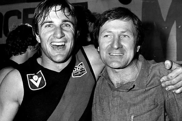 Essendon star Tim Watson and coach Kevin Sheedy in 1983.