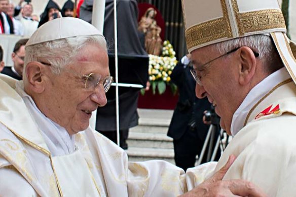 The real Pope Benedict, left, and Pope Francis.