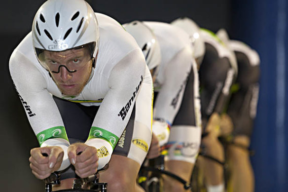 Australia’s London 2012 men’s pursuit team of Glenn O’Shea, Rohan Dennis, Michael Hepburn and Jack Bobridge conducting wind tunnel analysis before the Games. They took silver behind Great Britain.