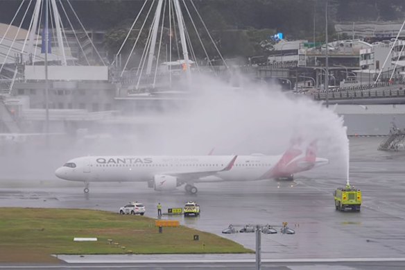 Qantas’ Airbus 321XLR gets a water canon salute in Sydney.