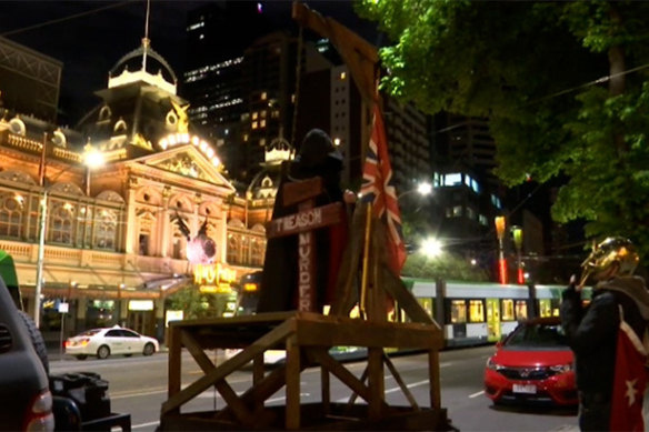 Gallows at an anti-government rally in Melbourne last year.