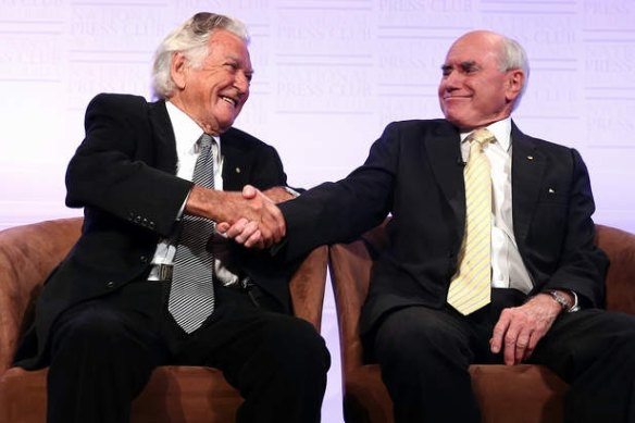 Former prime ministers Bob Hawke and John Howard.