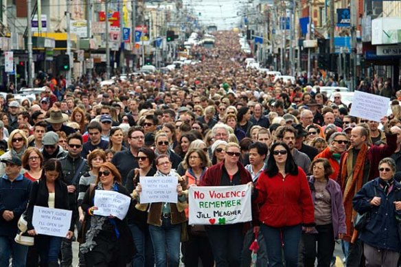 Tens of thousands of people walk along Sydney Road, Brunswick in a “Peace March” after Jill Meagher’s murder.