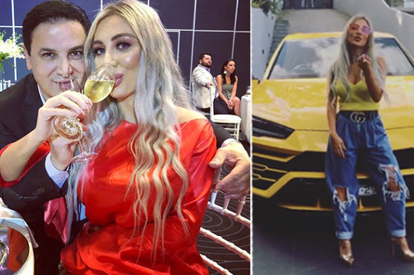 Images from Nissy Nassif’s Instagram page showing her and husband Jean Nassif and her yellow Lamborghini.