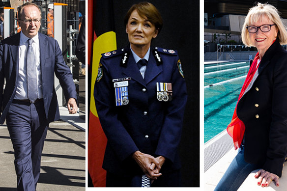 Highly paid senior executives: Sydney Metro boss Peter Regan, NSW Police Commissioner Karen Webb and Venues NSW CEO Kerrie Mather. 