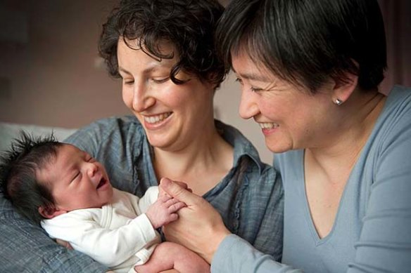 Senator Penny Wong with daughter Alexandra and partner Sophie Allouache in 2011.