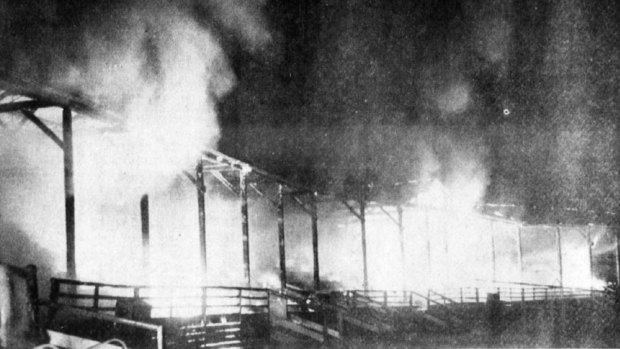 Fire engulfs the South Melbourne Cricket Ground grandstand.
