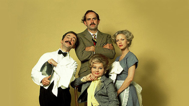 Fawlty Towers: Basil Fawlty (John Cleese), Manuel (Andrew Sachs), Sybil Fawlty (Prunella Scales) and Polly (Connie Booth).