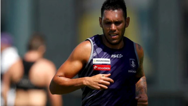 Harley Bennell at Fremantle training this month. The controversial Dockers recruit has again injured his calf.