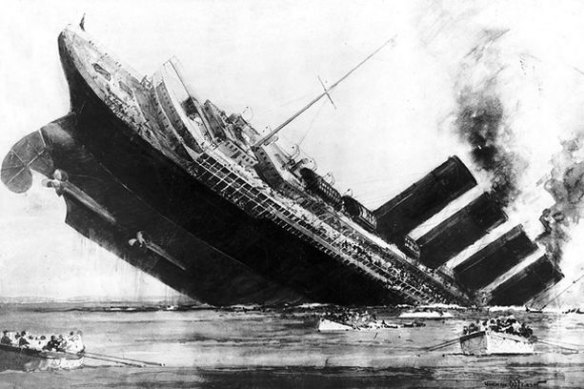 German submarine sinks the Lusitania, 1915.