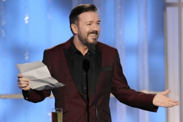 Not so funny ... Ricky Gervais hosting the Golden Globes.