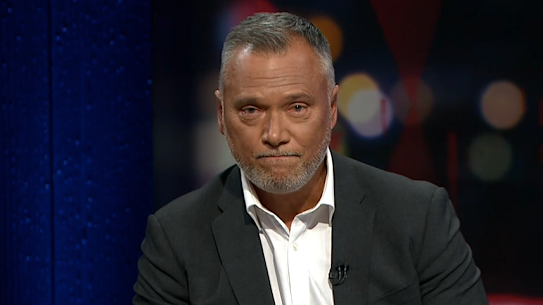 Stan Grant makes a speech after stepping down as host of Q&A on Monday.