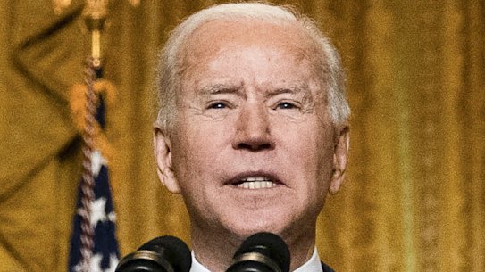 US President Joe Biden speaks while addressing the virtual Munich Security Conference in the East Room of the White House in Washington.