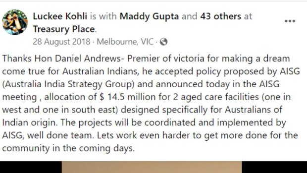 Luckee Kohli thanks Daniel Andrews in a Facebook post for announcing $14.5 million to build two aged care facilities. 
