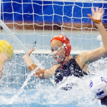 Liz Weekes makes  a save for Australia in the gold medal match.