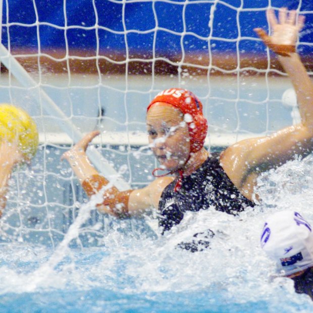 Liz Weekes makes  a save for Australia in the gold medal match.