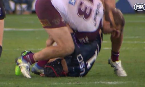 All clear: Jake Trbojevic won't miss game time for this lifting tackle on Jahrome Hughes.