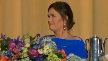 Sarah Huckabee Sanders was stony-faced as she was mocked by comedian Michelle Wolf at the White House Correspondents' dinner.
